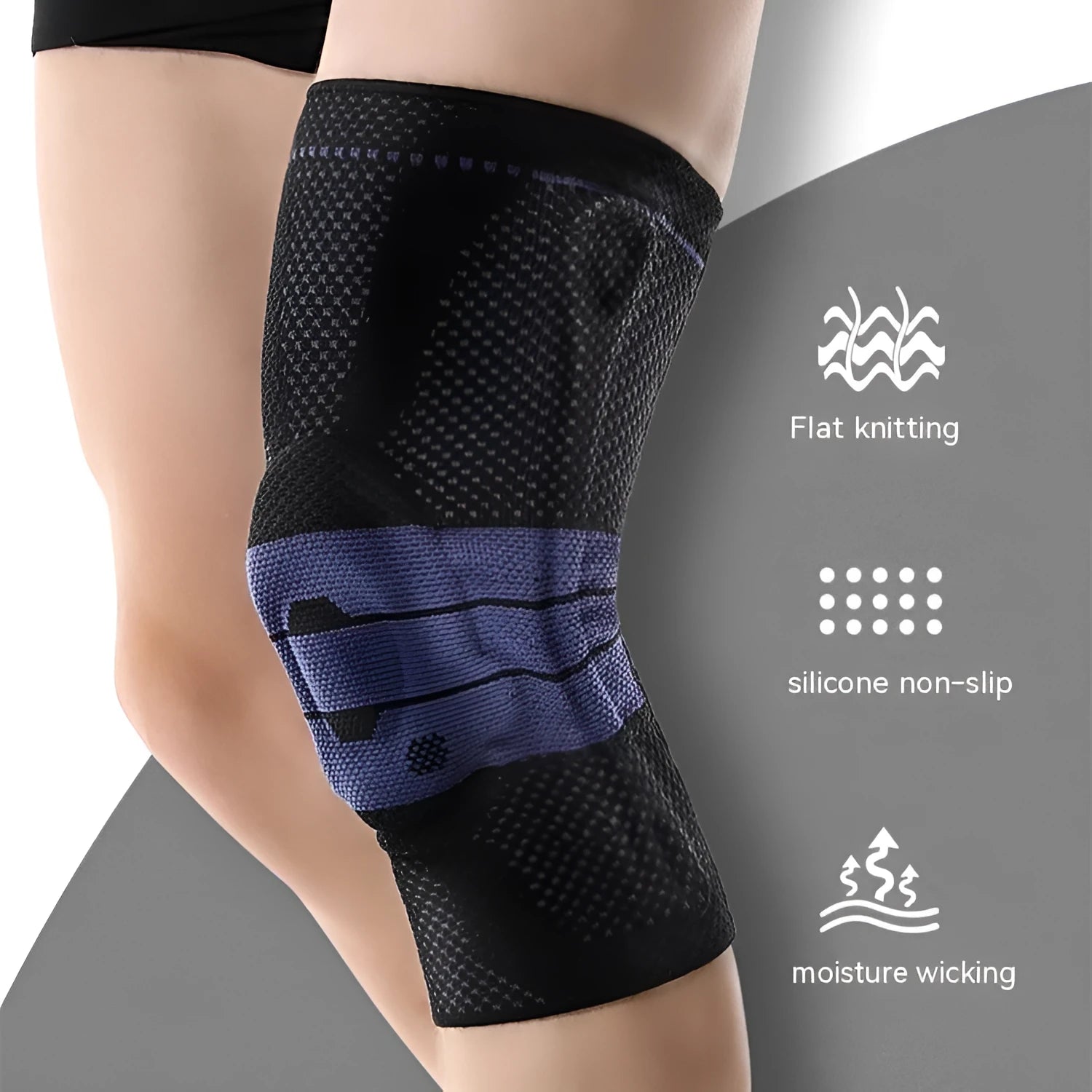 Adult black and blue nylon spandex knee pad for sports protection.