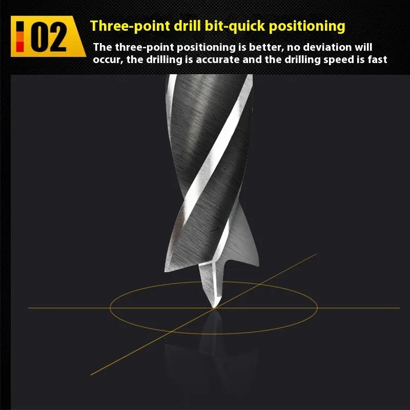 Set of five steel woodworking twist drill bits with hexagonal handles placed on a surface