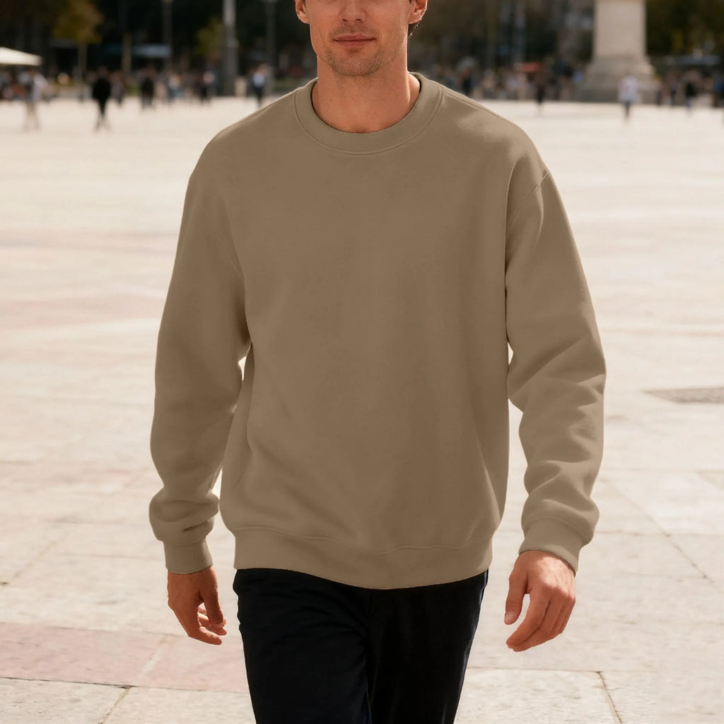 Men's round neck oversized polyester top in light gray, long sleeves, loose fit casual autumn shirt