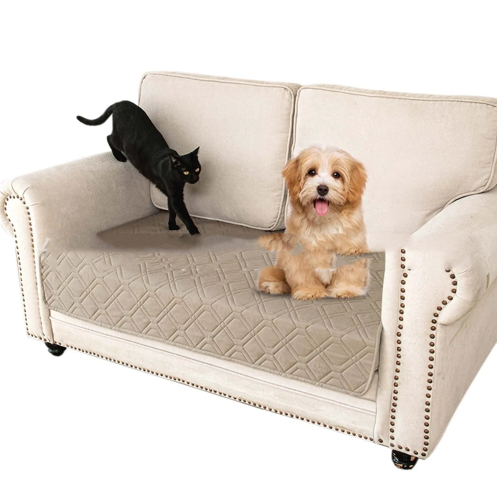 Reversible waterproof dog sofa cushion in dark grey and light grey or khaki and beige colours