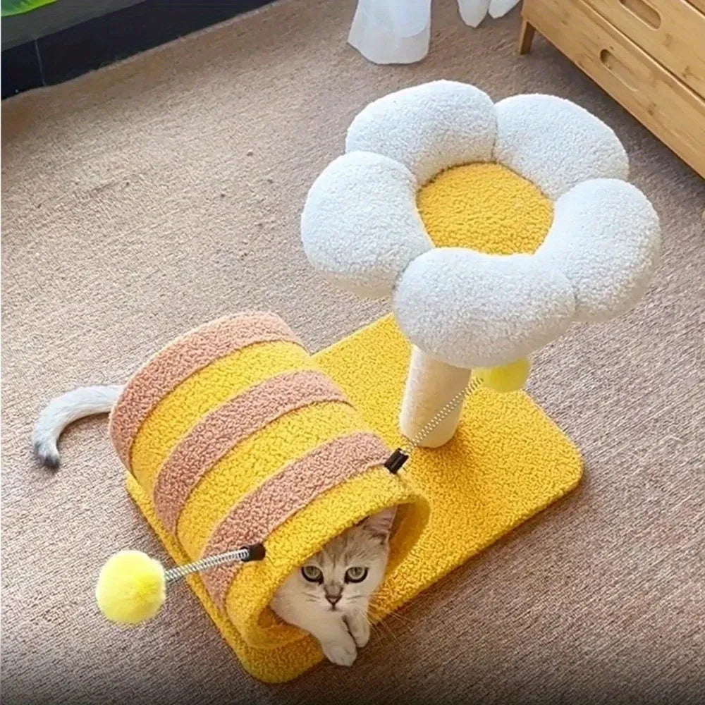 Yellow bee-themed cat climbing frame with sisal scratching posts and fabric tunnel