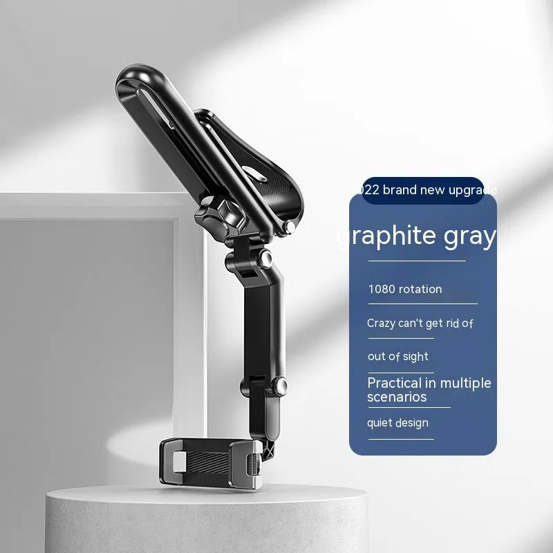 Grey and green car mobile phone holder bracket with one-click stable clip for dashboard mounting.