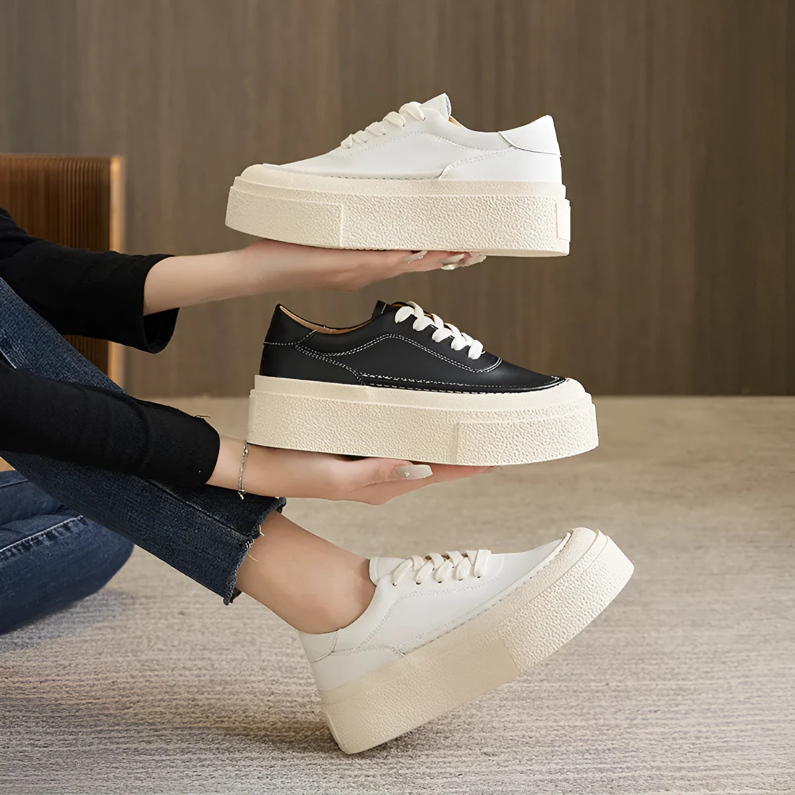 Women's black and white platform casual shoes with embossed cowhide leather and round toe design
