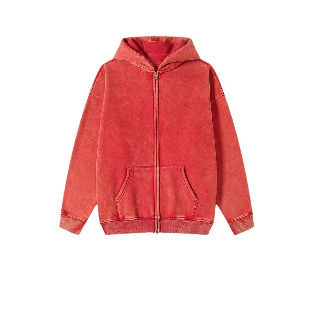 Men's washed cotton hooded cardigan with fleece lining and double zipper in vintage style