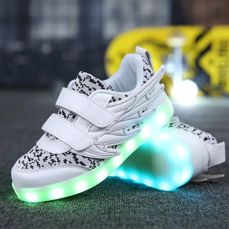 Children's plum red and white USB rechargeable LED light shoes with hidden colour switch