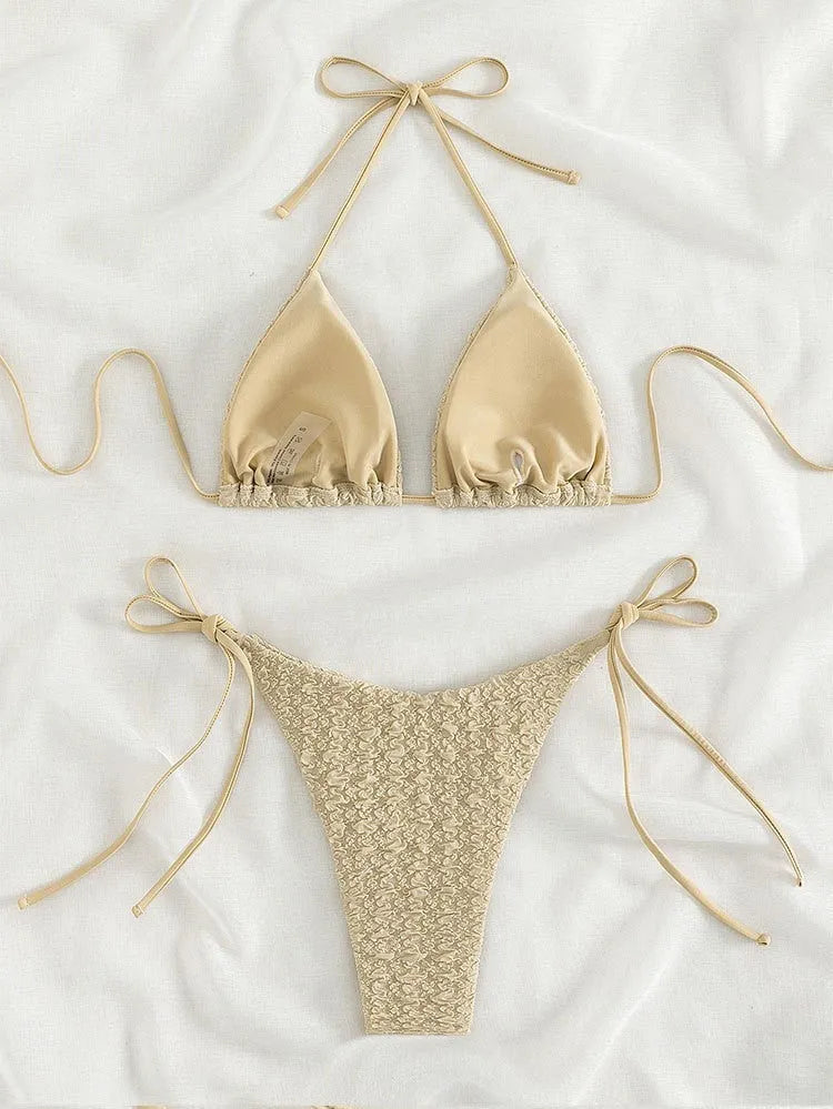 Women's khaki high waist bikini set with lace-up sides on the shorts.