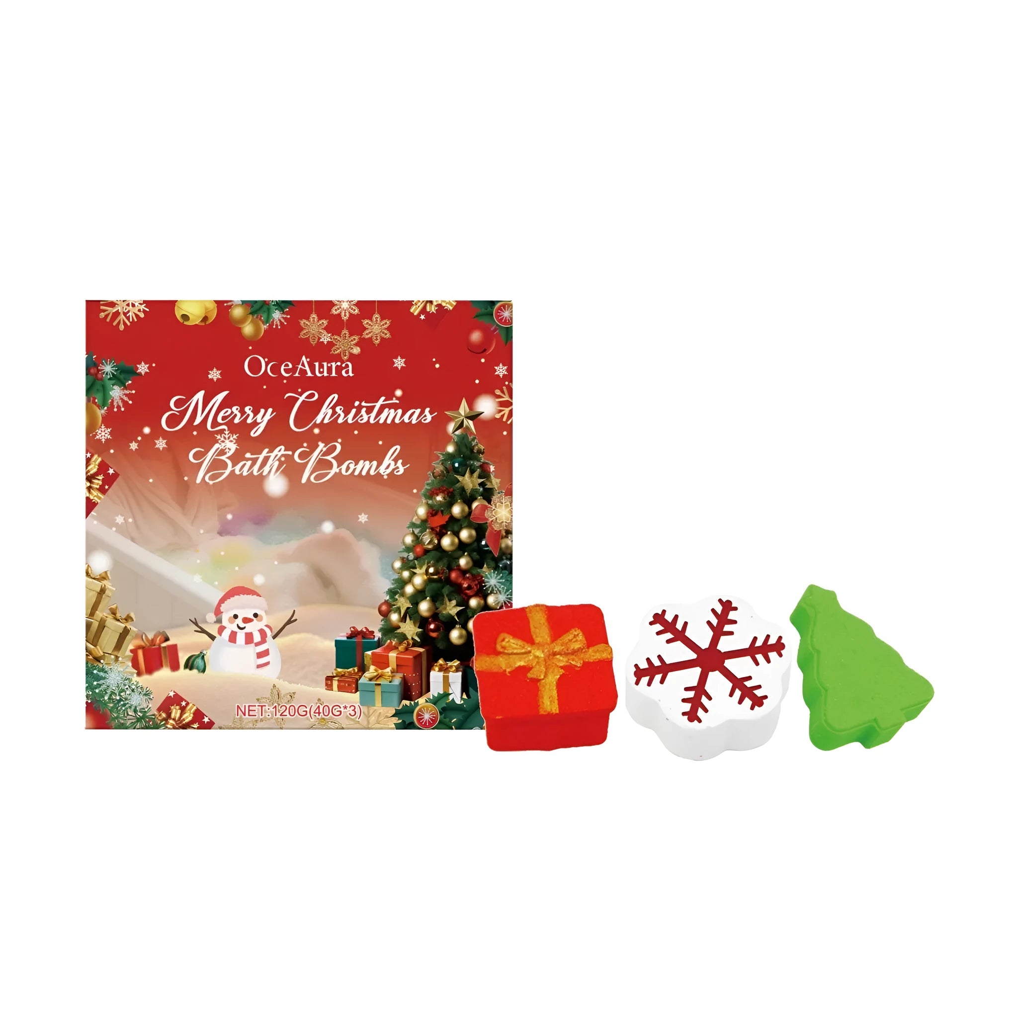 Christmas bath bomb set with gift box, snowflake, and Christmas tree designs in festive packaging