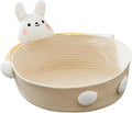 Woven cotton rope cat bed basket with scratching pad in bear design, shown next to a cat.