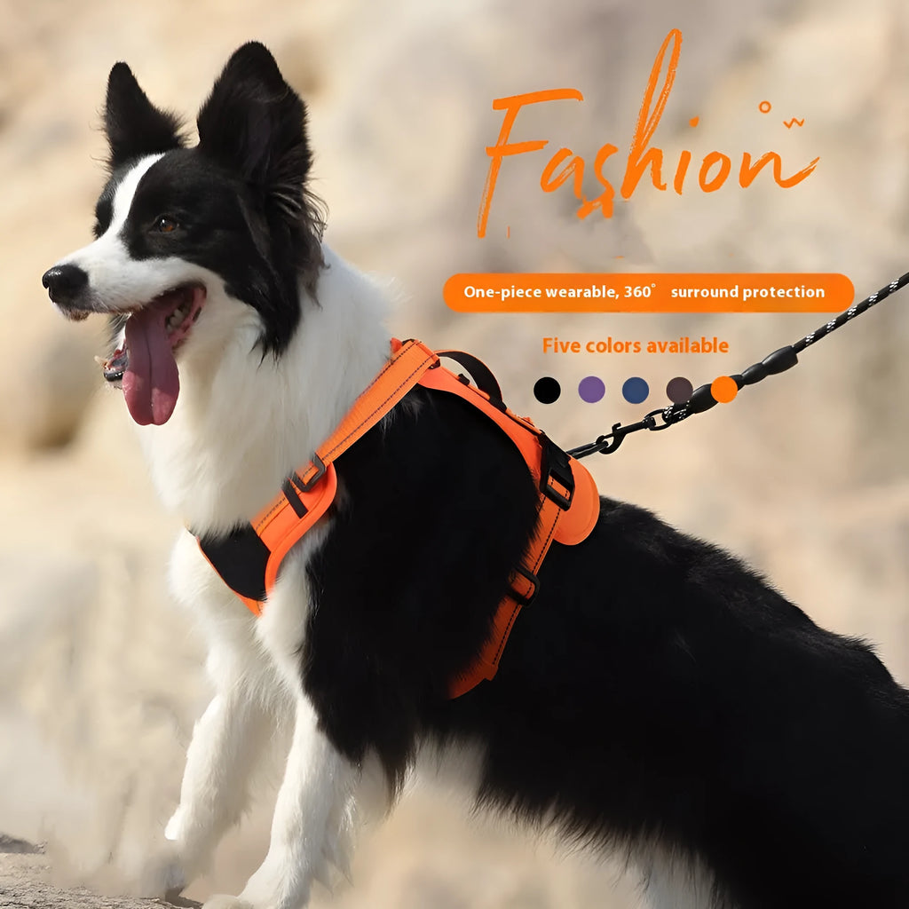 Orange reflective dog harness with explosion-proof breast strap and black hand-holding rope laid flat