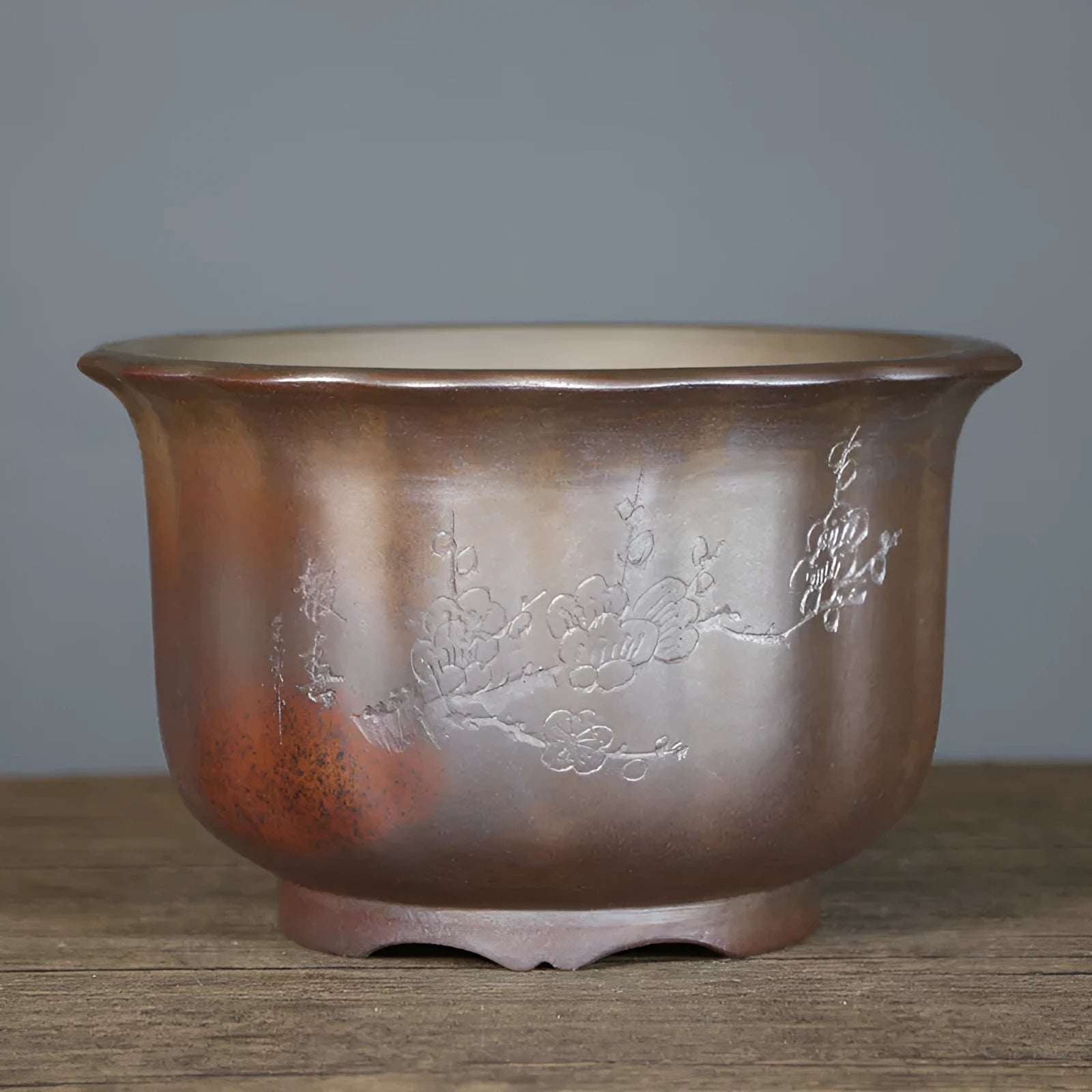 Purple sand ceramic flower pot with antique carved wood burning texture for indoor plants