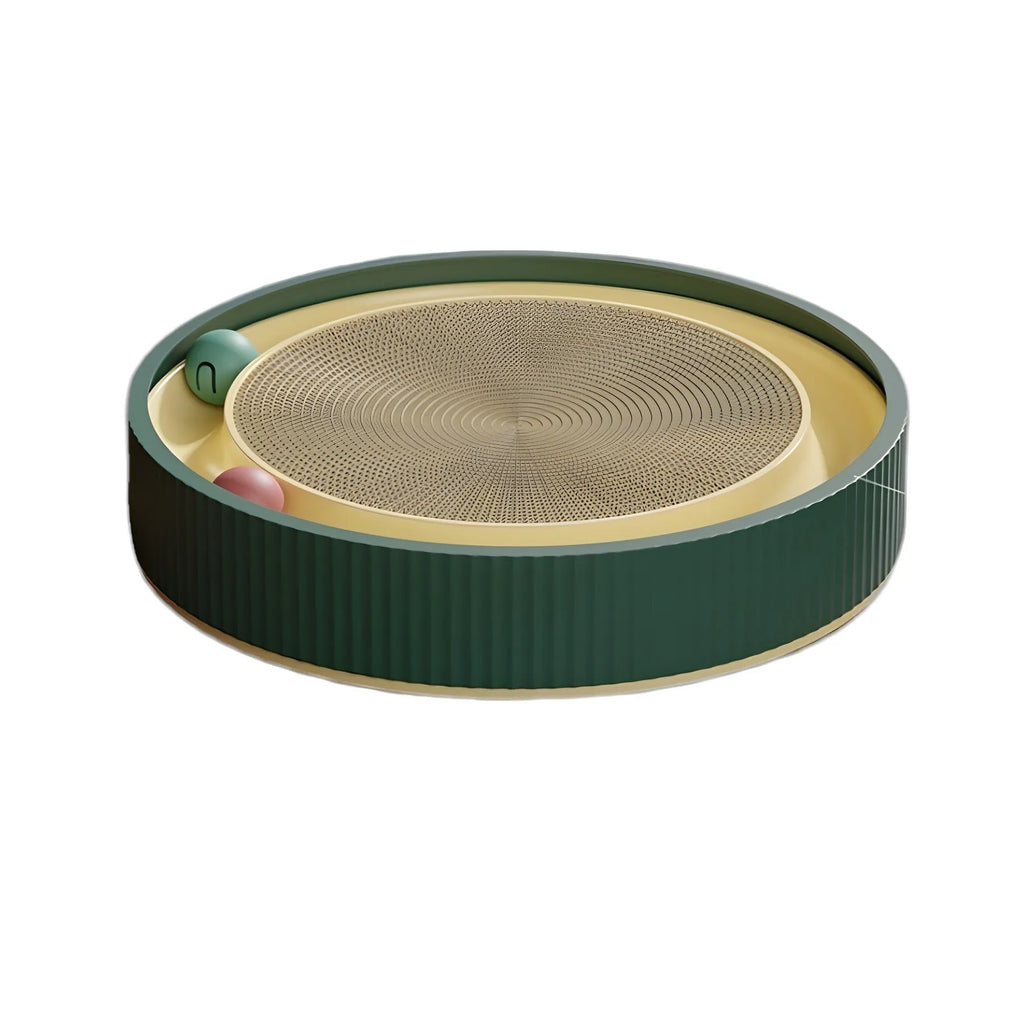 Large circular cat scratching board with green replaceable core and interactive bell toys