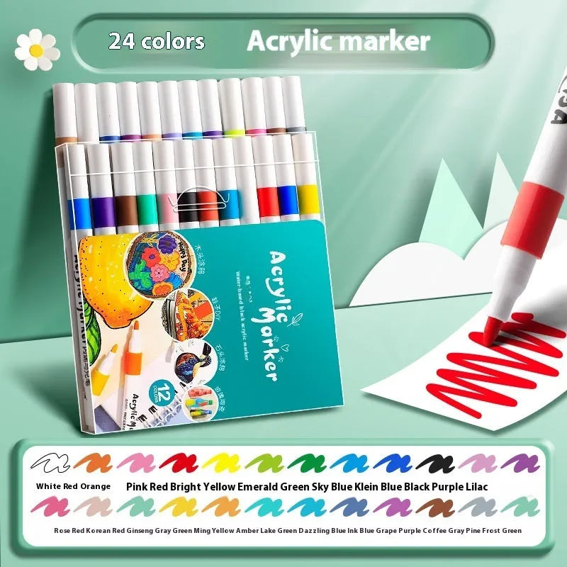 Box of multicoloured acrylic marker pens for student art and painting projects.