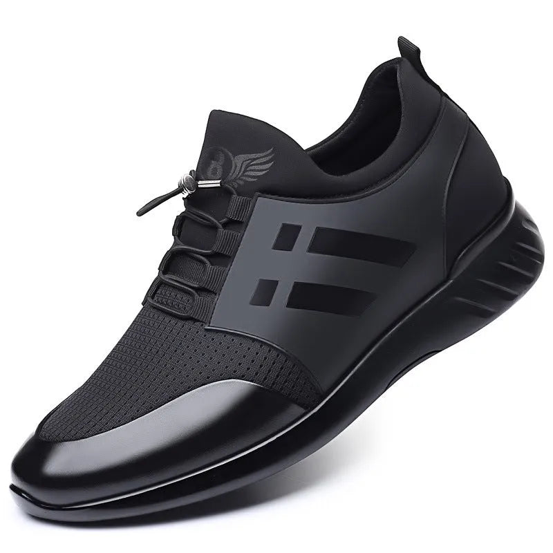 Men's black genuine leather casual shoes with a chunky rubber sole for height increase.