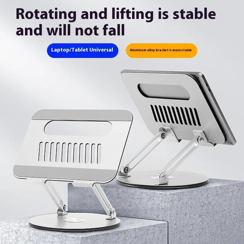 Silver aluminium laptop stand with height adjustment and rotation features