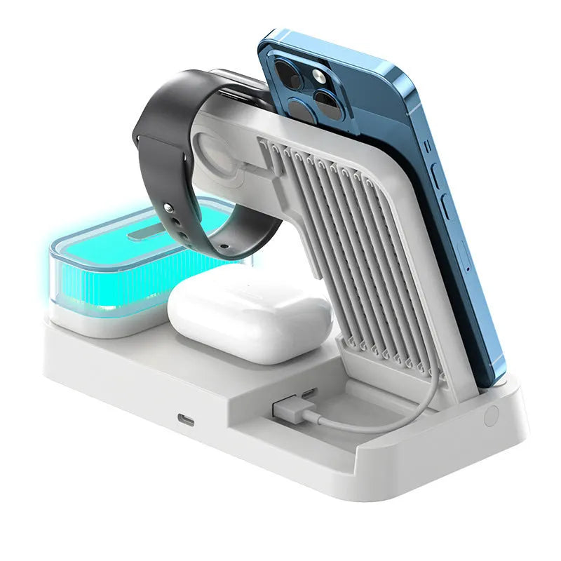 Foldable 4-in-1 wireless charging station with alarm clock display and RGB night light
