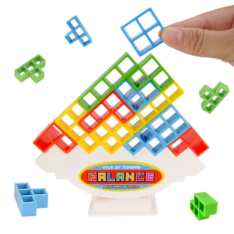 Colourful plastic balance stacking game with 16 blocks, chassis and base for family play