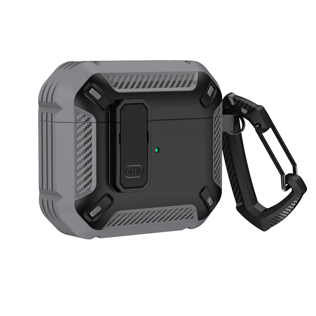 Two-colour plastic clamshell protective case for Apple AirPods with a metal hook attached.