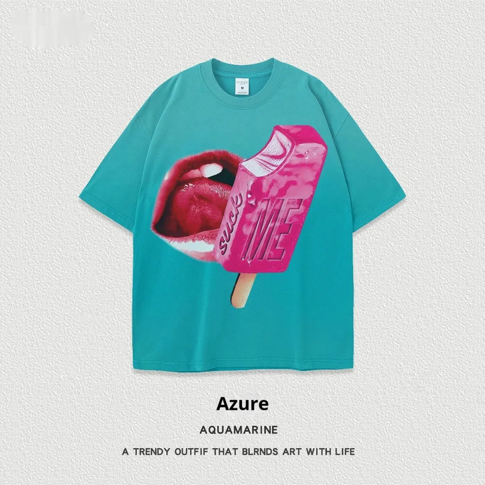A loose-fit, heavy washed short-sleeved streetwear T-shirt on a hanger.