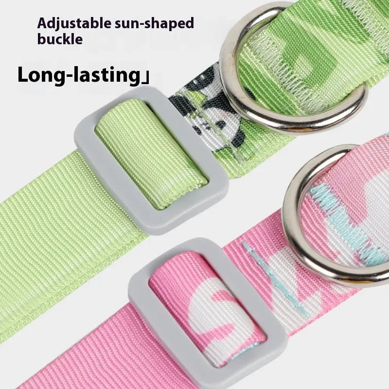 Adjustable nylon dog collar with cartoon gradient print in Panda Green colour, shown in size M.