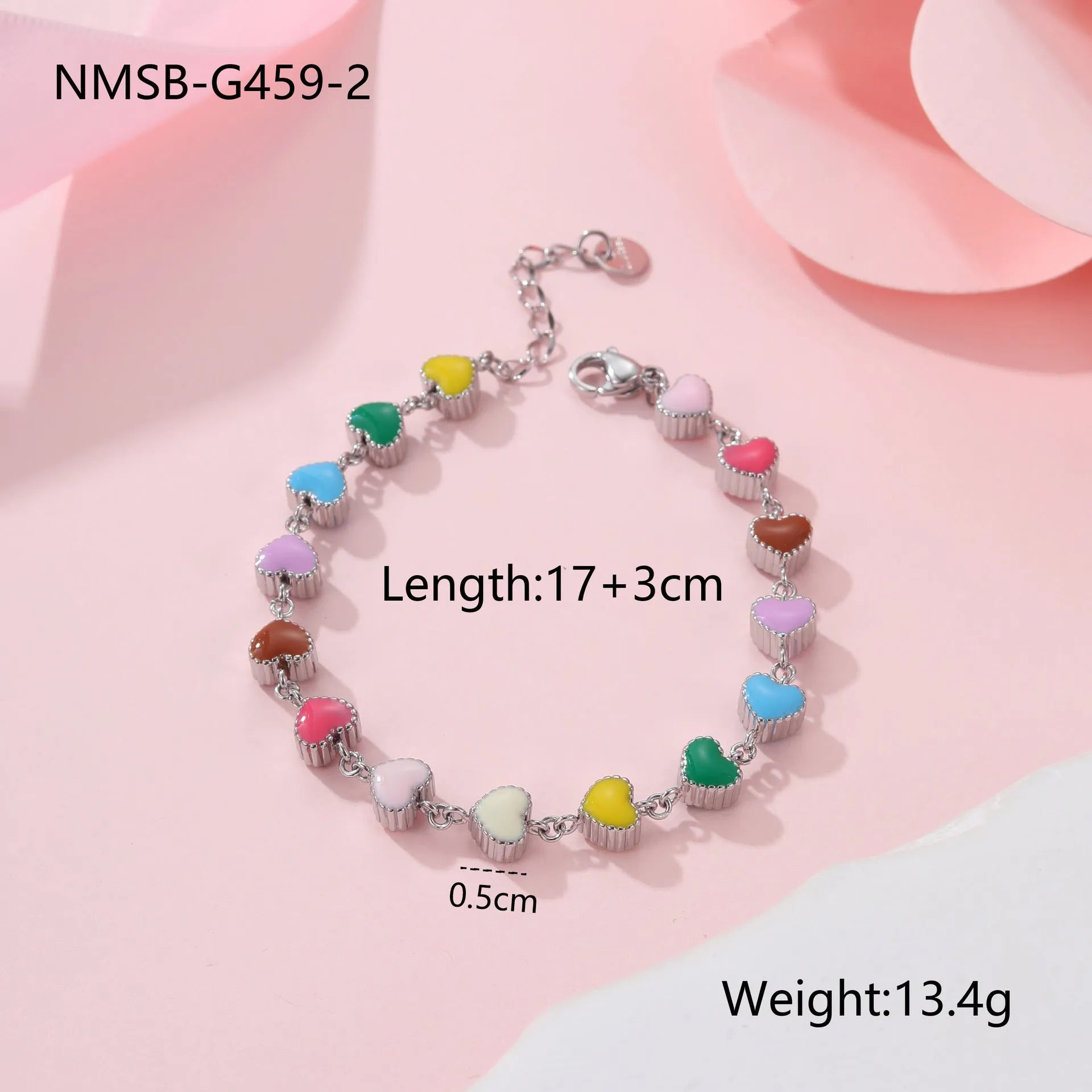 Women's adjustable heart pendant bracelet with colourful oil accents in gold or steel finish