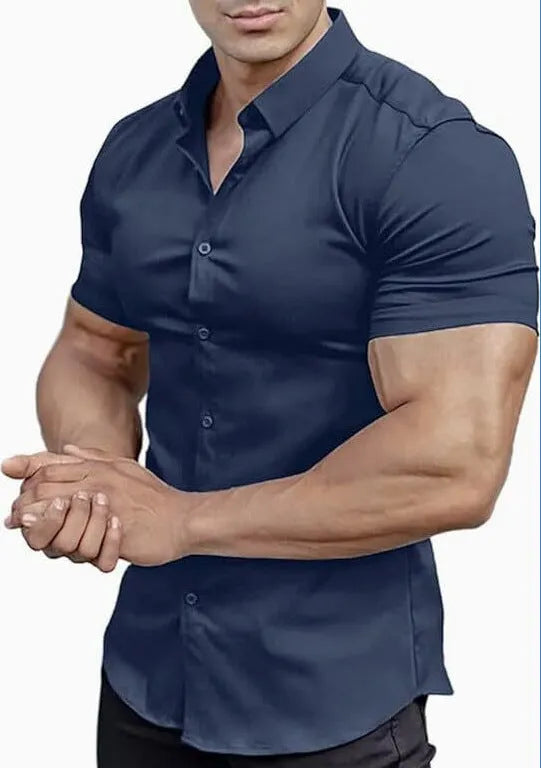 Men's casual short sleeve printed shirt with collar in cardigan style, available in multiple colours.