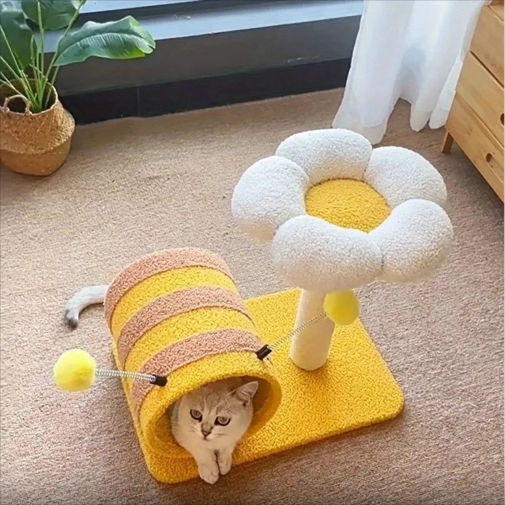 Yellow bee-themed cat climbing frame with sisal scratching posts and fabric tunnel