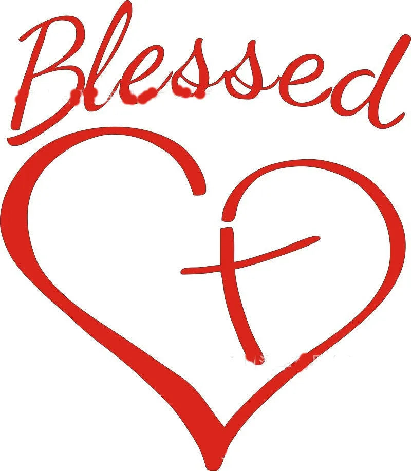 Faith Hope Love text inside a heart shape on a black, white, and red vinyl sticker measuring 14 by 11.5 centimetres