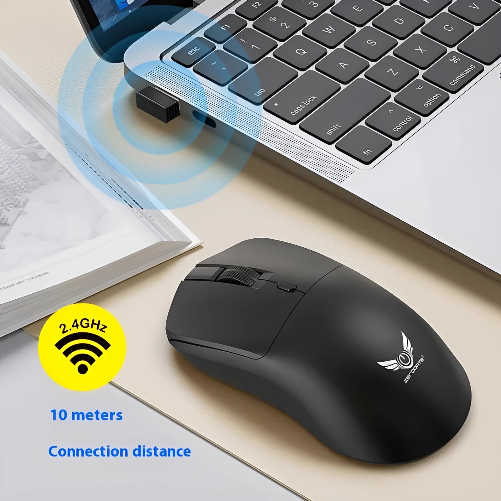 Black wireless mouse with a three-gear audio button, for use with laptops.