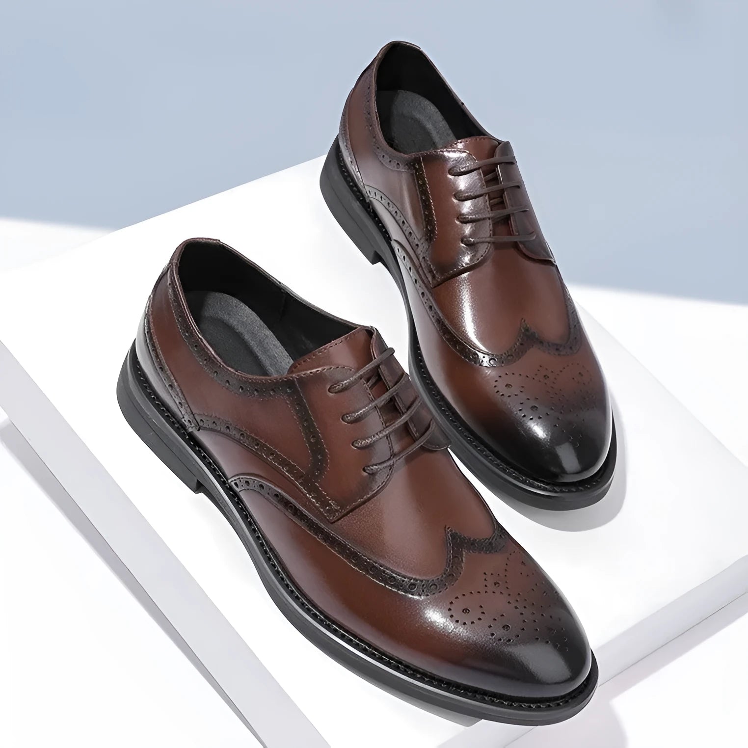Men's black and brown brogue shoes with traditional wingtip detailing for business wear