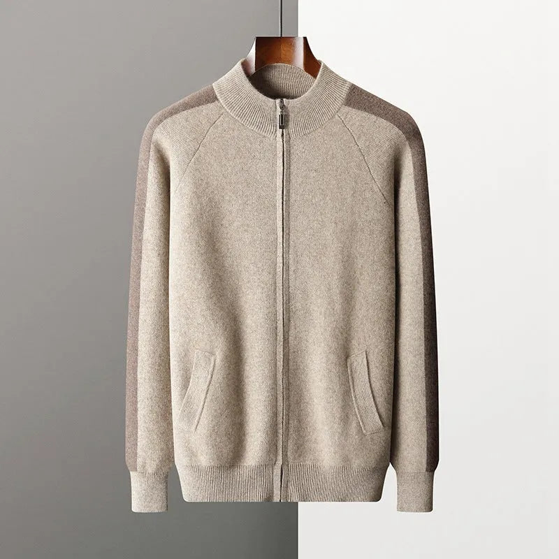 Men's camel coloured cashmere blend half turtleneck zip cardigan and trousers suit set