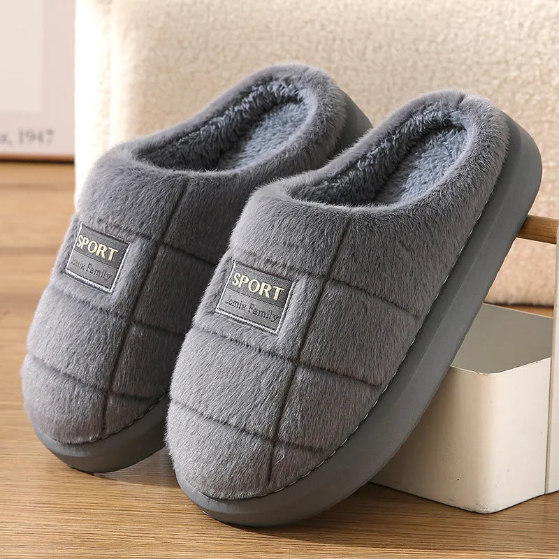 Men's grey and brown plaid cotton slippers with artificial wool lining and EVA soles