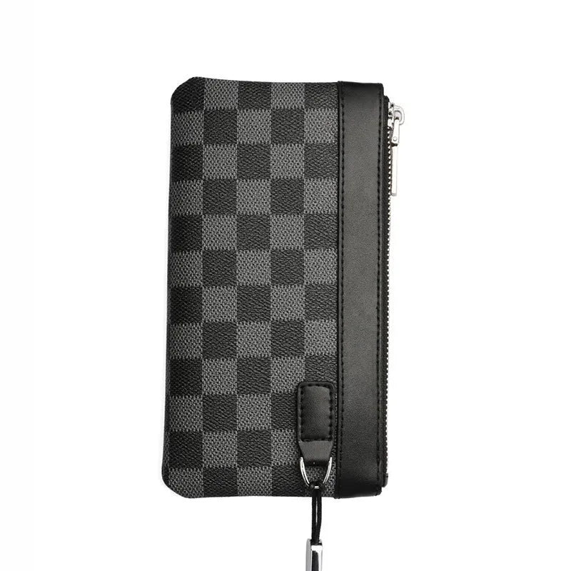 Black leather plaid clutch wallet showing cowhide texture and 20x10cm dimensions