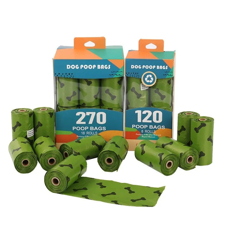 Military green degradable dog poop bags with black bone print, measuring 23 by 33 centimetres