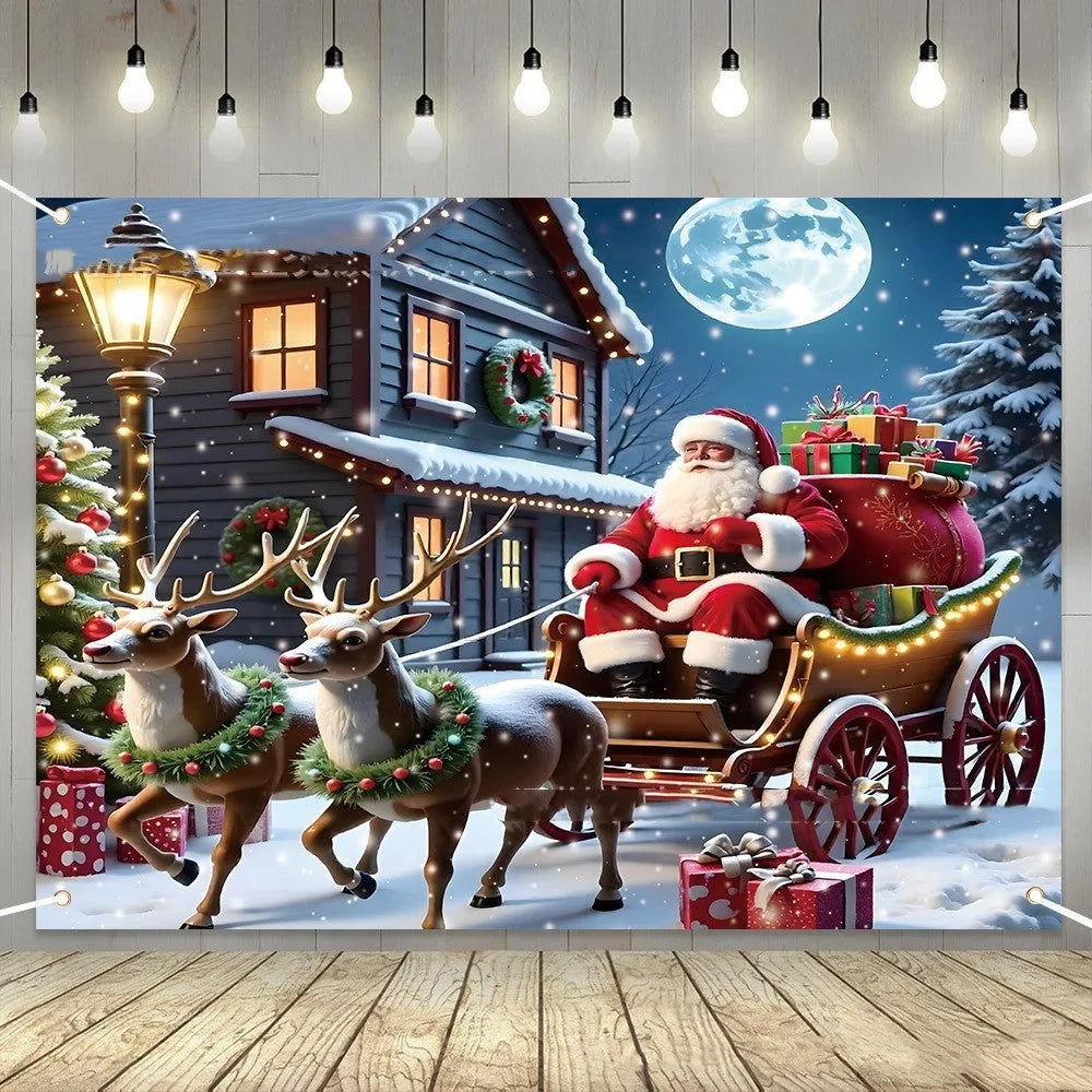 Red and white Santa Claus Christmas banner with gifts measuring 210 cm by 150 cm