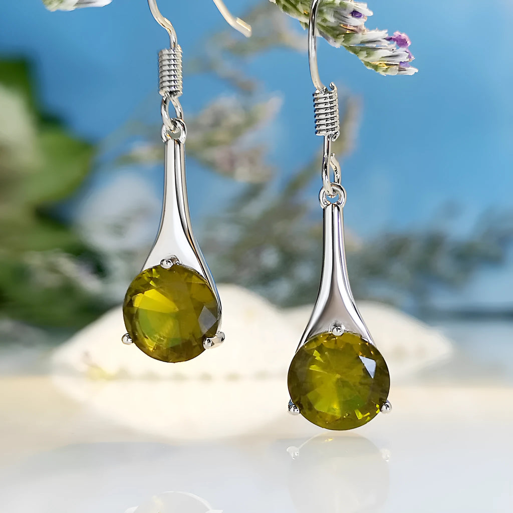 Olive green topaz water drop shaped earrings with retro design and electroplated alloy construction