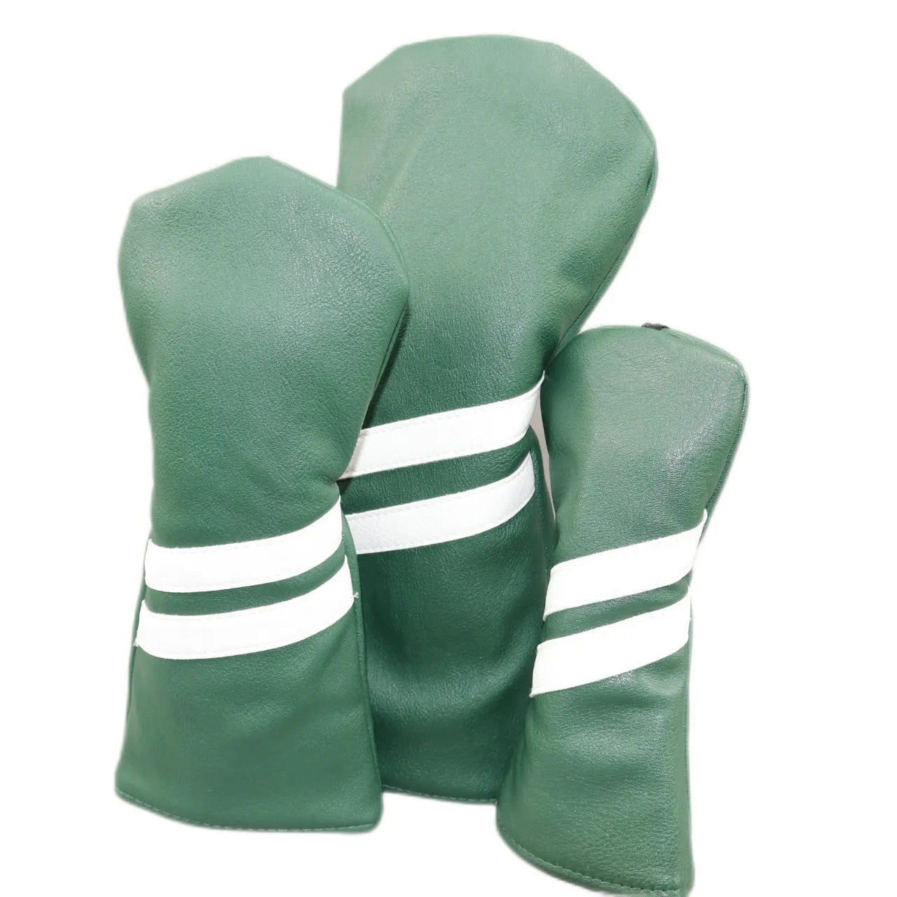 PU golf club head cover sleeve with two diagonal stripes for wood clubs, shown in multiple colours and sizes.