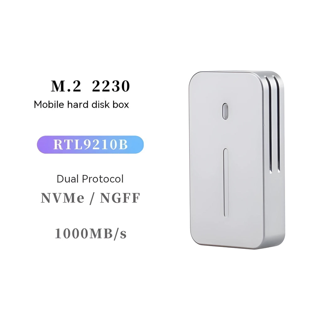 Aluminium M.2 SSD enclosure showing compact design with USB 3.2 connection port