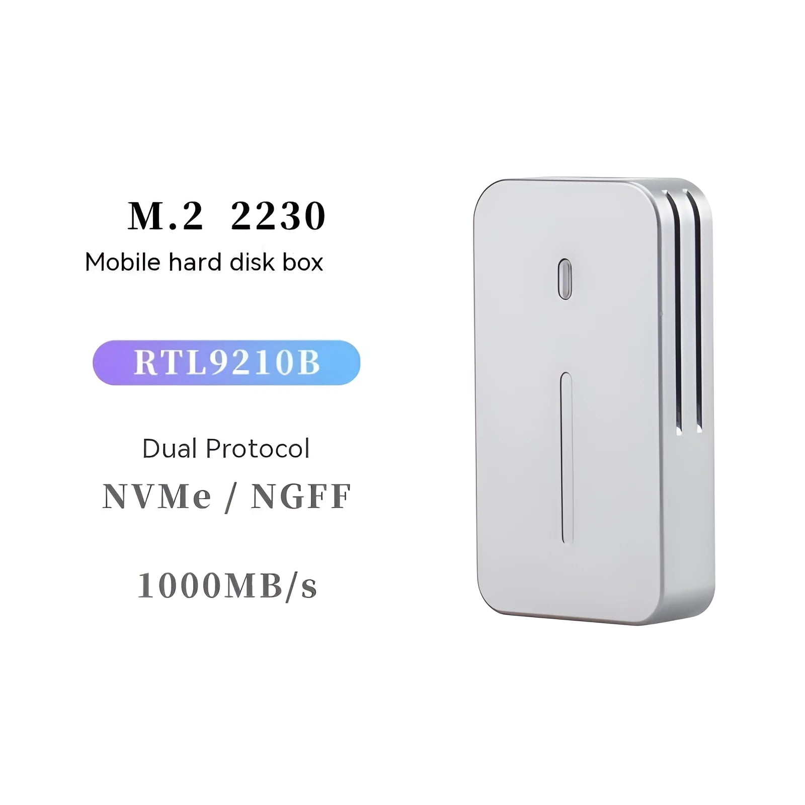 Aluminium M.2 SSD enclosure showing compact design with USB 3.2 connection port