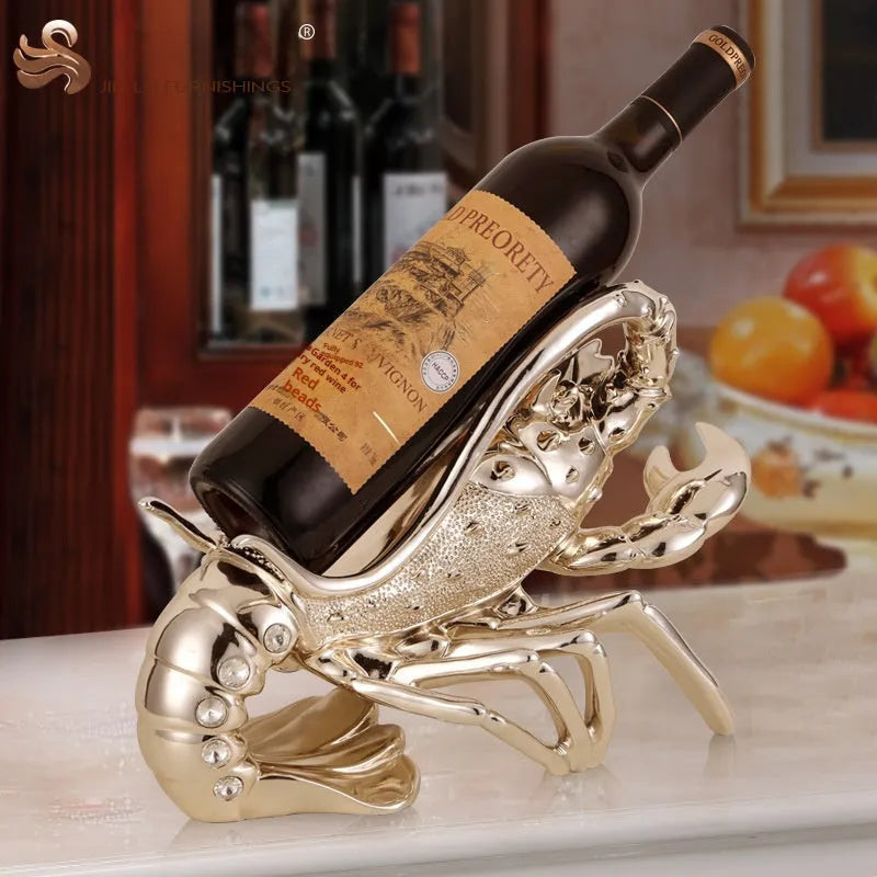 Lobster-shaped wine rack ornament in rose gold or silver metallic finish