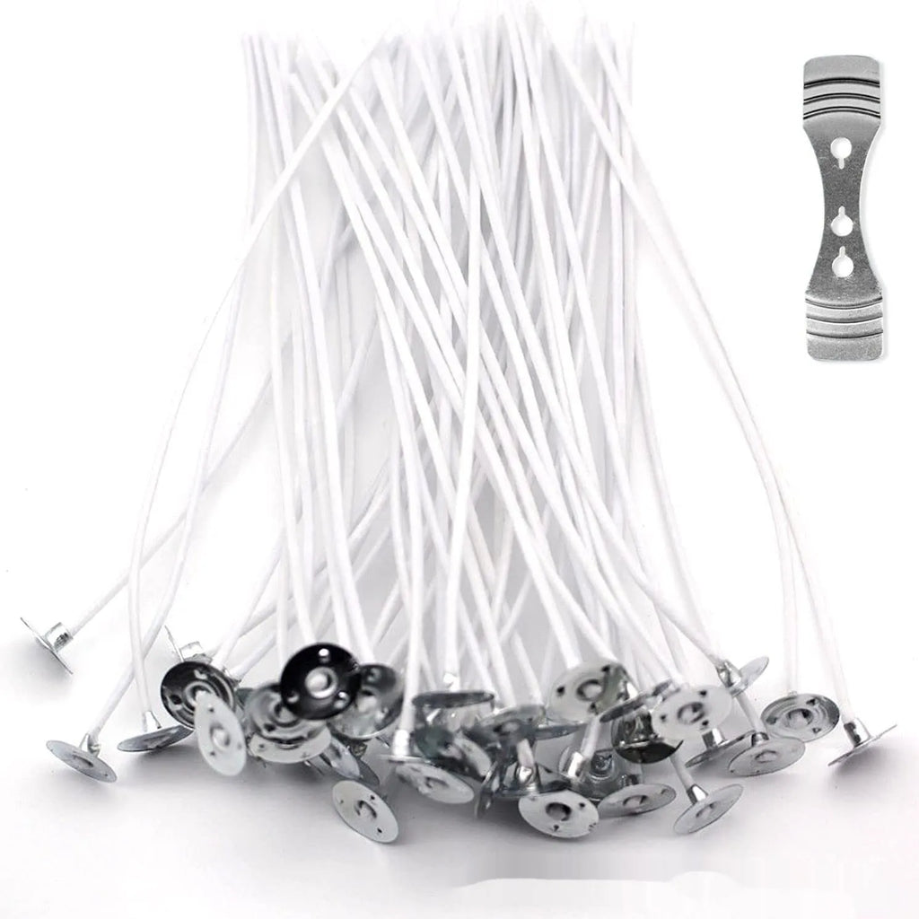White cotton candle wicks in three lengths for DIY candle making.