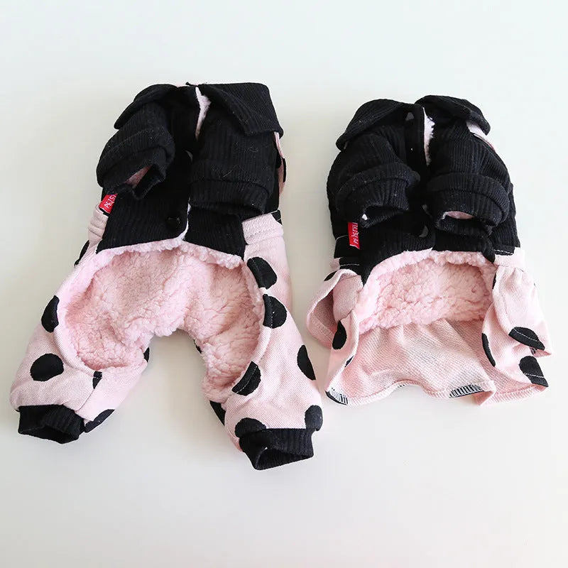 Casual cloth dog clothes showing skirt and four-legged style options in various sizes