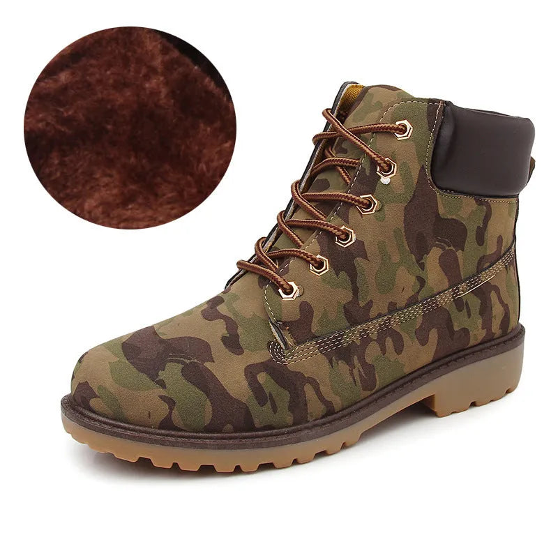 Men's pink high-top Martin boots with front lace-up and a low flat heel on a neutral background.