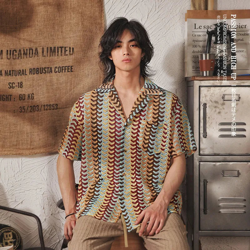 Japanese style Cuban collar men's shirt with hollow jacquard pattern in grey and red colours