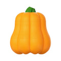 Pumpkin orange plastic dog toy with bite molar texture and an integrated blue tug-of-war rope.