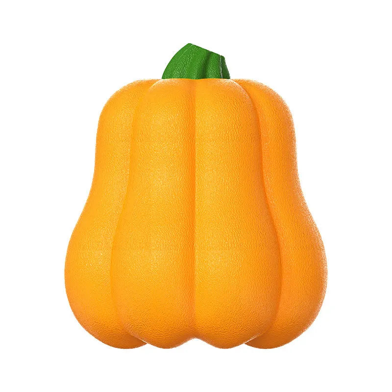Pumpkin orange plastic dog toy with bite molar texture and an integrated blue tug-of-war rope.