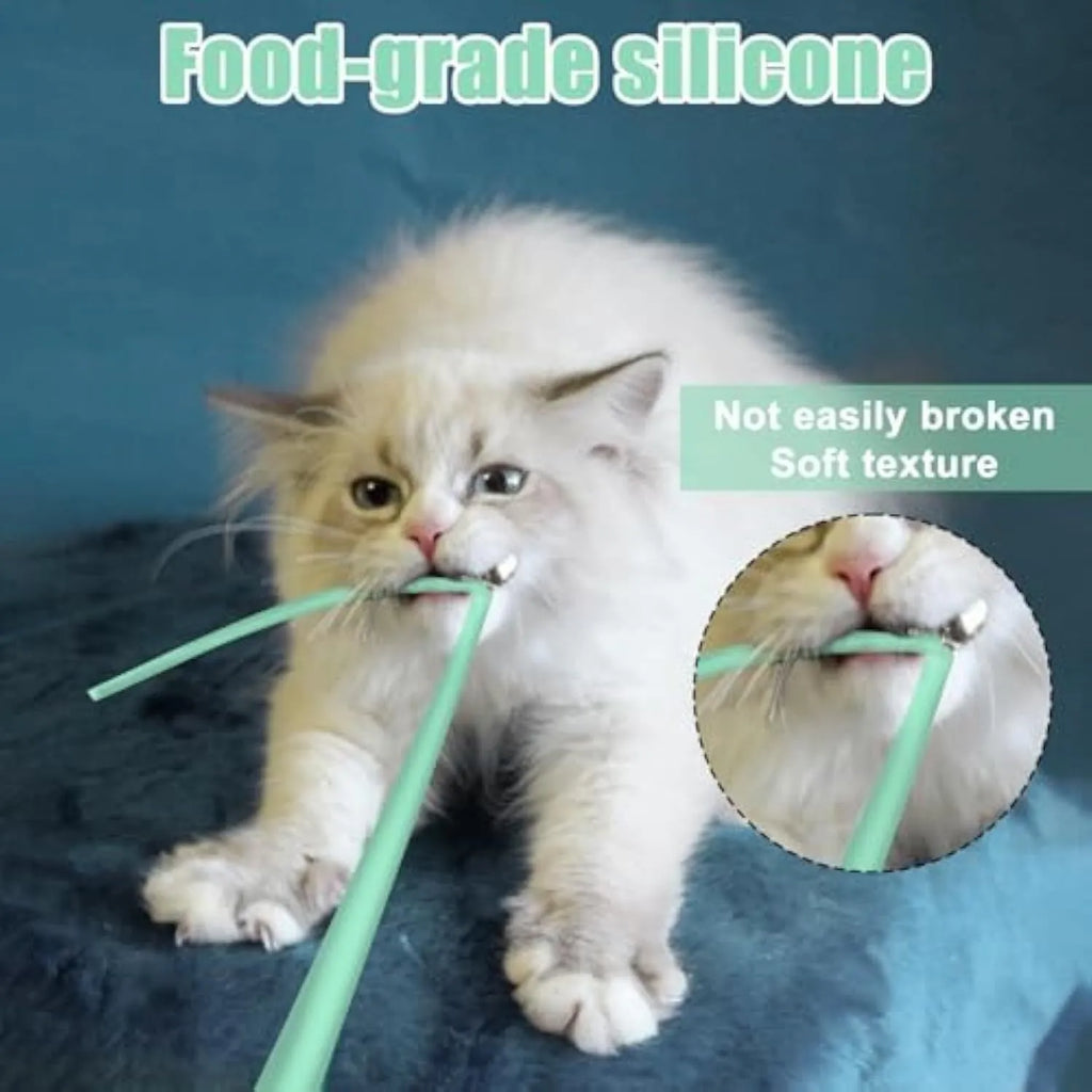 Green electronic cat wand toy with swinging silicone tails for indoor cat entertainment