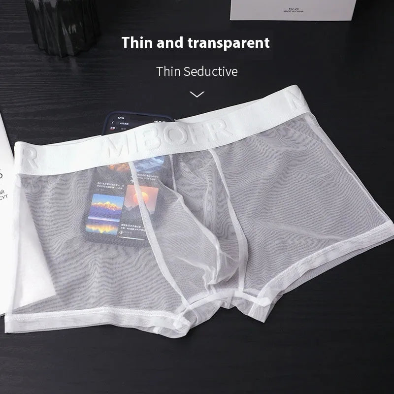 Men's thin quick-drying polyester boxers in six colours on a size chart background.