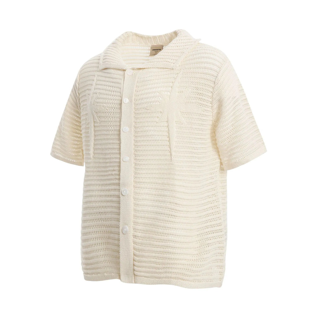 Men's apricot and black cotton short sleeve shirt with American retro design and loose fit