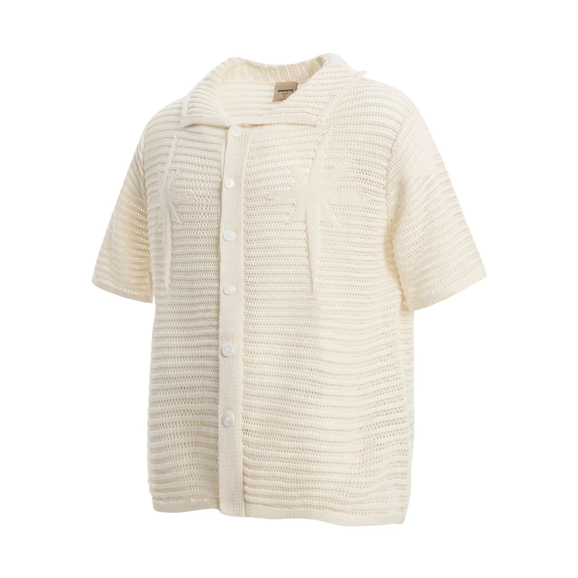 Men's apricot and black cotton short sleeve shirt with American retro design and loose fit