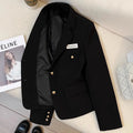 Women's black loose fit short suit coat with front pockets and regular long sleeves